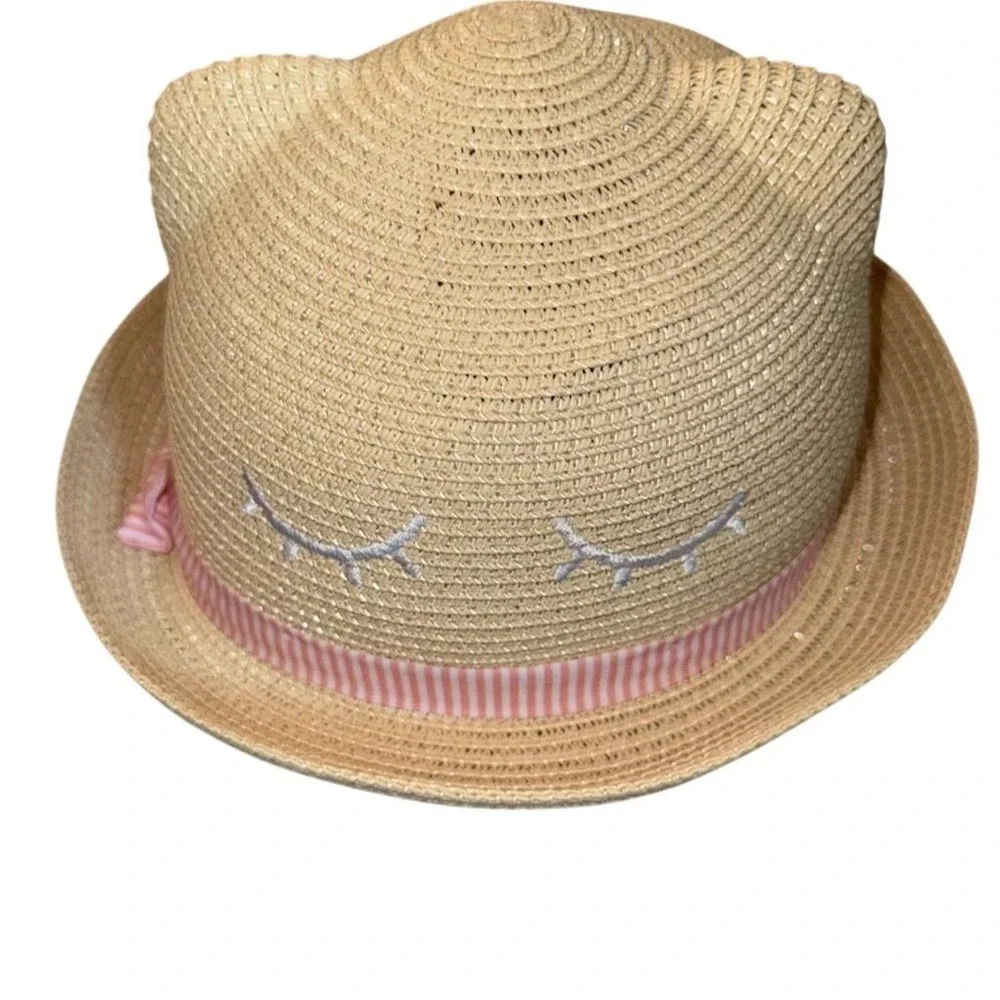 H&M Kids Straw Kitty ears Hat Beige with Eyelash & Pink Ribbon Accents